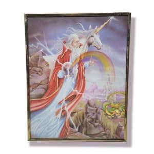 Fantasy Print Framed 8x10 Wizard Unicorn Dragon Castle